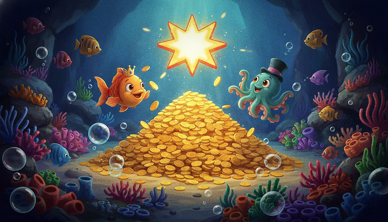 pile of gold coins and a glowing jackpot sign